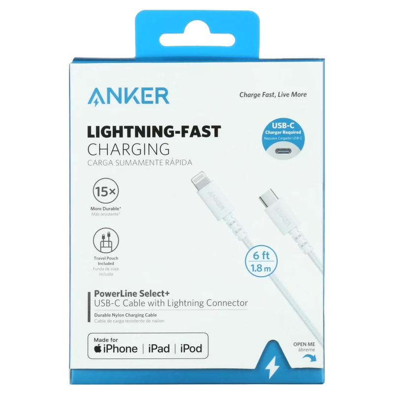 Anker PowerLine Select + USB-C Cable with Lightning Connector 6ft, Apple MFi Certified - White